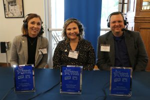 September 27, 2022 ~ Growth Works Community Relations Director Laura Reiners, Detroit Economic Club Marketing Manager Amy Hallochak, and Blue Cross Blue Shield of Michigan Senior Auto Finance Specialist Matt Zelman at the 2022 Rising Stars honoree ceremony. Photo: Sean Boeberitz / 760 WJR