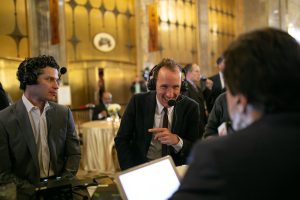 March 28, 2019 ~ “Hamilton” Producer Jeffrey Seller (center) and Director Tommy Kail talk with Mitch Albom during a broadcast at a VIP benefit for "Hamilton" in the lobby of the Fisher Building Detroit. Photo: Ryan Garza, Detroit Free Press