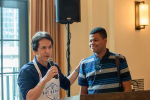 June 20, 2019 ~ Mitch Albom and Kervens Pierre of Haiti addressed the VIP crowd at the Shinola Hotel prior to the new Eat Detroit event in downtown and Midtown Detroit. Photo: Christopher M. Bjornberg, Special to the Free Press