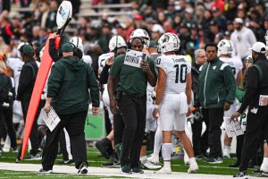 October 1, 2022 ~ Michigan State Spartans head coach Mel Tucker speaks with quarterback Payton Thorne on the sidelines during the game against the Maryland Terrapins at Capital One Field at Maryland Stadium. Photo: Tommy Gilligan-USA TODAY Sports