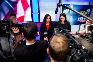 October 13, 2022 ~ Michigan Governor Gretchen Whitmer speaks with members of the media after her debate with GOP Gubernatorial Candidate Tudor Dixon at the WOOD-TV studios in Grand Rapids. Photo: Cody Scanlan/Holland Sentinel / USA TODAY NETWORK