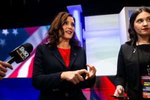 October 13, 2022 ~ Michigan Governor Gretchen Whitmer speaks with members of the media after her debate with GOP Gubernatorial Candidate Tudor Dixon at the WOOD-TV studios in Grand Rapids. Photo: Cody Scanlan/Holland Sentinel / USA TODAY NETWORK