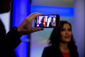October 13, 2022 ~ Michigan Governor Gretchen Whitmer speaks with members of the media after her debate with GOP Gubernatorial Candidate Tudor Dixon at the WOOD-TV studios in Grand Rapids. Photo: Cody Scanlan/Holland Sentinel / USA TODAY NETWORK