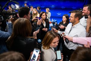 October 13, 2022 ~ Michigan GOP Gubernatorial Candidate Tudor Dixon speaks with members of the media after her debate with Governor Gretchen Whitmer at the WOOD-TV studios in Grand Rapids. Photo: Cody Scanlan/Holland Sentinel / USA TODAY NETWORK