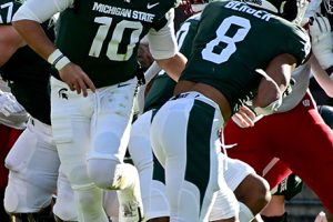 October 15, 2022 ~ Michigan State Spartans quarterback Payton Thorne hands the ball to Michigan State Spartans running back Jalen Berger for a touchdown at Spartan Stadium. Photo: Dale Young-USA TODAY Sports