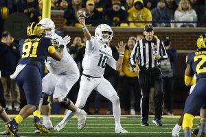 October 29, 2022 ~ Michigan State Spartans quarterback Payton Thorne passes in the second half against the Michigan Wolverines at Michigan Stadium. Photo: Rick Osentoski-USA TODAY Sports