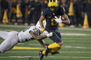 October 29, 2022 ~ Michigan wide receiver Ronnie Bell is tackled by Michigan State cornerback Kendell Brooks during the second half of the Michigan / Michigan State game in Ann Arbor. Photo: Kirthmon F. Dozier / USA TODAY NETWORK