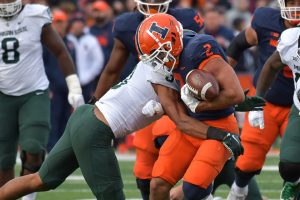 November 5, 2022 ~ Illinois Fighting Illini running back Chase Brown fumbles the ball on this tackle by Michigan State Spartans safety Xavier Henderson during the first half at Memorial Stadium. Photo: Ron Johnson-USA TODAY Sports