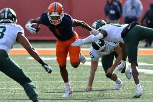 November 5, 2022 ~ Illinois Fighting Illini wide receiver Isaiah Williams runs the ball after a reception against the Michigan State Spartans during the first half at Memorial Stadium. Photo: Ron Johnson-USA TODAY Sports