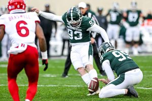 November 12, 2022 ~ Michigan State's Ben Patton, center, makes a field goal against Rutgers during the fourth quarter at Spartans Stadium. Photo: Nick King/Lansing State Journal / USA TODAY NETWORK