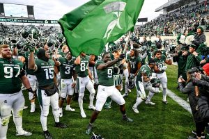 November 12, 2022 ~ Michigan State celebrates after defeating Rutgers at Spartans Stadium. Photo: Nick King/Lansing State Journal / USA TODAY NETWORK