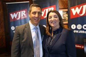 November 19, 2022 ~ 760 WJR Vice President and General Manager Steve Finateri and The Capital Grille Sales and Marketing Manager Lisa Banish at the 2022 Women Who Lead Honoree Ceremony inside Joe Muer Seafood in Detroit’s Renaissance Center. Photo: Sean Boeberitz / WJR