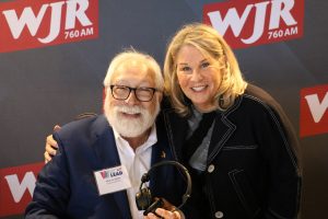 November 19, 2022 ~ BasBlue Co-Founder Nancy Tellem displays her award at the 2022 Women Who Lead Honoree Ceremony inside Joe Muer Seafood in Detroit’s Renaissance Center. Photo: Sean Boeberitz / WJR