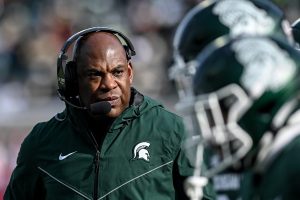 November 19, 2022 ~ Michigan State's head coach Mel Tucker looks on during the first quarter in the game against Indiana at Spartan Stadium. Photo: Nick King / Lansing State Journal