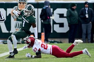 November 19, 2022 ~ Michigan State Spartans wide receiver Jayden Reed takes a pass and turns up-field in spite of Indiana Hoosiers defensive back Jaylin Williams. Photo: Dale Young-USA TODAY Sports