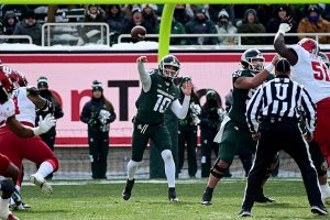 November 19, 2022 ~ Michigan State Spartans quarterback Payton Thorne throws for a first down against the Indiana Hoosiers at Spartan Stadium. Photo: Dale Young-USA TODAY Sports