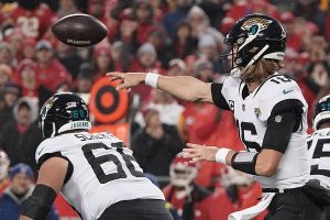 January 21, 2023 ~ Jacksonville Jaguars quarterback Trevor Lawrence throws against the Kansas City Chiefs during the second half in the AFC divisional round game at Arrowhead Stadium. Photo: Denny Medley ~ USA TODAY Sports