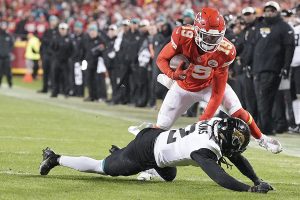 January 21, 2023 ~ Kansas City Chiefs wide receiver Kadarius Toney runs the ball against Jacksonville Jaguars safety Rayshawn Jenkins during the second half in the AFC divisional round game at Arrowhead Stadium. Photo: Denny Medley ~ USA TODAY Sports