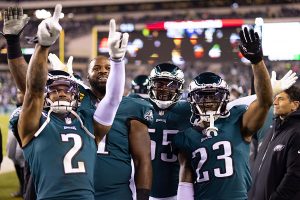 January 21, 2023 ~ The Philadelphia Eagles celebrate after defeating the New York Giants during the NFC divisional round game at Lincoln Financial Field. Photo: Bill Streicher ~ USA TODAY Sports