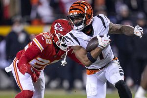 January 29, 2023 ~ Cincinnati Bengals wide receiver Ja'Marr Chase turns with a catch in the first quarter of the AFC championship NFL game between the Cincinnati Bengals and the Kansas City Chiefs at Arrowhead Stadium in Kansas City. Photo: Sam Greene ~USA TODAY Sports