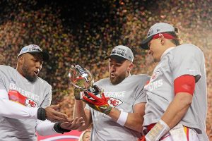 January 29, 2023 ~ Kansas City Chiefs defensive end Carlos Dunlap, tight end Travis Kelce, and quarterback Patrick Mahomes celebrate after winning the AFC Championship game against the Cincinnati Bengals at Arrowhead Stadium in Kansas City. Photo: Jay Biggerstaff ~ USA TODAY Sports