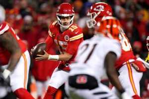 January 29, 2023 ~ Kansas City Chiefs quarterback Patrick Mahomes takes the snap in the first quarter during the AFC championship NFL game between the Cincinnati Bengals and the Kansas City Chiefs at Arrowhead Stadium in Kansas City Photo: Kareem Elgazzar ~ USA TODAY Sports
