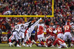 January 29, 2023 ~ Kansas City Chiefs place kicker Harrison Butker kicked the go-ahead field goal with three seconds remaining in the fourth quarter of the AFC championship NFL game between the Cincinnati Bengals and the Kansas City Chiefs at Arrowhead Stadium in Kansas City. Photo: Sam Greene ~ USA TODAY Sports