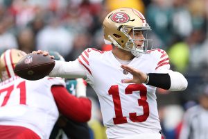 January 29, 2023 ~ San Francisco 49ers quarterback Brock Purdy throws a pass against the Philadelphia Eagles during the first quarter in the NFC Championship game at Lincoln Financial Field. Photo: Bill Streicher ~ USA TODAY Sports