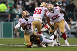 January 29, 2023 ~ San Francisco 49ers quarterback Josh Johnson is sacked by Philadelphia Eagles defensive tackle Javon Hargrave during the second quarter in the NFC Championship game at Lincoln Financial Field. Photo: Bill Streicher ~ USA TODAY Sports