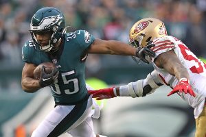 January 29, 2023 ~ Philadelphia Eagles running back Boston Scott carries the ball against San Francisco 49ers linebacker Dre Greenlaw during the second quarter in the NFC Championship game at Lincoln Financial Field. Photo: Bill Streicher ~ USA TODAY Sports