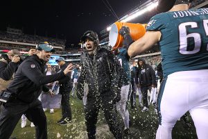 January 29, 2023 ~ Philadelphia Eagles head coach Nick Sirianni has Gatorade dumped on him by offensive tackle Lane Johnson on the field after win against the San Francisco 49ers in the NFC championship game at Lincoln Financial Field. Photo: Bill Streicher ~ USA TODAY Sports