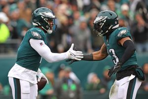 January 29, 2023 ~ Philadelphia Eagles linebacker Haason Reddick celebrates his sack with linebacker Kyzir White against the San Francisco 49ers during the first quarter in the NFC Championship game at Lincoln Financial Field. Photo: Bill Streicher ~ USA TODAY Sports