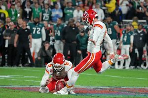 February 12, 2023 ~ Kansas City Chiefs place kicker Harrison Butker kicks a field goal against the Philadelphia Eagles during the fourth quarter of Super Bowl LVII at State Farm Stadium. Photo: Kirby Lee ~ USA TODAY SPORTS