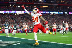 February 12, 2023 ~ Kansas City Chiefs wide receiver Skyy Moore celebrates after scoring a touchdown against the Philadelphia Eagles during the fourth quarter of Super Bowl LVII at State Farm Stadium. Photo: Mark J. Rebilas ~ USA TODAY SPORTS