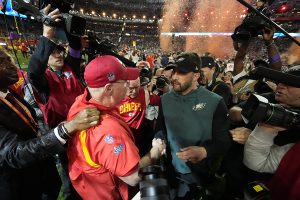 February 12, 2023 ~ Kansas City Chiefs head coach Andy Reid and Philadelphia Eagles head coach Nick Sirianni greet each other after Super Bowl LVII at State Farm Stadium. Photo: Michael Chow ~ USA TODAY SPORTS