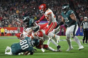 February 12, 2023 ~ Philadelphia Eagles running back Miles Sanders is tackled by Kansas City Chiefs cornerback L'Jarius Sneed during the second half in Super Bowl LVII at State Farm Stadium. Photo: Michael Chow ~ USA TODAY SPORTS