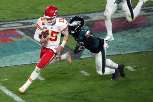 February 12, 2023 ~ Kansas City Chiefs quarterback Patrick Mahomes is tackled by Philadelphia Eagles linebacker Kyzir White in the 4th quarter in Super Bowl LVII at State Farm Stadium. Photo: Joe Rondone ~ USA TODAY SPORTS