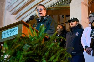 February 15, 2023 ~ The Spartan community gathers on the campus of Michigan State University for a vigil honoring the victims of the March 13 shooting incident that killed three and critically injured five. Photo: Ryan Garza ~ USA TODAY NETWORK