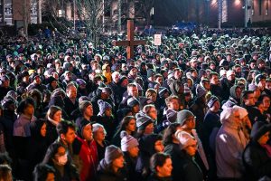 February 15, 2023 ~ The Spartan community gathers on the Campus of Michigan State University for a vigil honoring the victims of the March 13 shootings which killed three and seriously wounded five. Photo: Ryan Garza ~ USA TODAY NETWORK