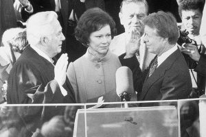 January 20, 1977 ~ Democrat Jimmy Carter is sworn in by Supreme Court Chief Justice Earl Burger as the 39th president of the United States while his wife Rosalynn looks on. Photo: Hulton Archive ~ Getty Images