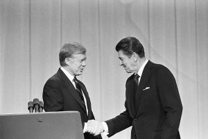 October 28, 1980 ~ President Jimmy Carter and his Republican challenger, California Governor Ronald Reagan, shake hands as they greet one another before their debate on the stage of the Music Hall in Cleveland, Ohio. Photo: Bettmann ~ Getty Images