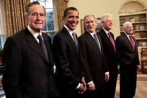 January 7, 2009 ~ Then President George W. Bush welcomes President-Elect Barack Obama, former President George H. W. Bush, former President Bill Clinton, and former President Jimmy Carter for a photo op in the Oval Office at the White House in Washington, D.C. Photo: David Hume Kennerly ~ Getty Images