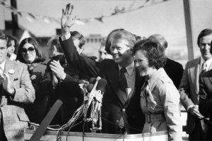 June 5, 1976 ~ Democratic Presidential Nominee Jimmy Carter and his wife Rosalynn wave to the crowd at a campaign rally in Paterson, New Jersey. Photo: Al Paglione ~ USA TODAY NETWORK