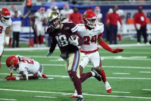 April 30, 2023 ~ Michigan Panthers receiver Trey Quinn runs by New Jersey Generals strong safety Paris Ford for a touchdown during the first half of the Panthers' 28-13 loss at Ford Field. Photo: Kirthmon F. Dozier ~ USA TODAY NETWORK