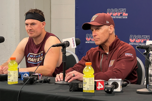 April 30, 2023 ~ Michigan Panthers Head Coach Mike Nolan and quarterback Josh Love speak with the media following their 28-13 loss to the New Jersey Generals. Photo: Curtis Paul