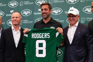 April 26, 2023 ~ New York Jets quarterback Aaron Rodgers poses for a photo with New York Jets owners Christopher Johnson (left) Woody Johnson (right) during the introductory press conference at Atlantic Health Jets Training Center. Photo: Tom Horak ~ USA TODAY NETWORK