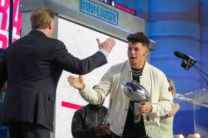 April 27, 2023 ~ Kansas City Chiefs quarterback Patrick Mahomes greets NFL commissioner Roger Goodell during the first round of the 2023 NFL Draft at Union Station in Kansas City. Photo: Kirby Lee ~ USA TODAY NETWORK