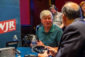 Former Michigan Gov. Rick Snyder chats at the launch of "Focus with Paul W. Smith" on June 20, 2023.