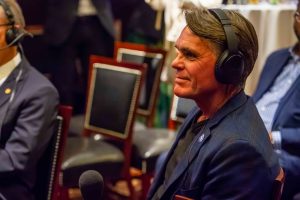 Macomb County Executive Mark Hackel talks to Paul W. Smith at the launch of his new show "Focus" on June 20, 2023.