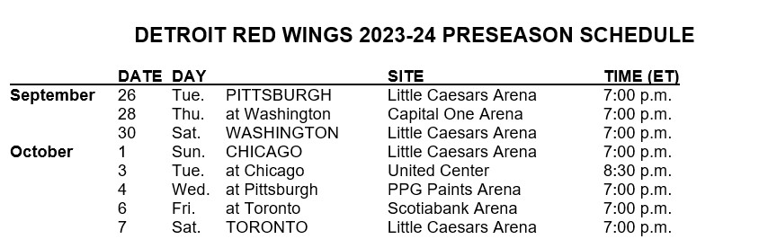 Detroit Red Wings Announce Pre-Season Schedule